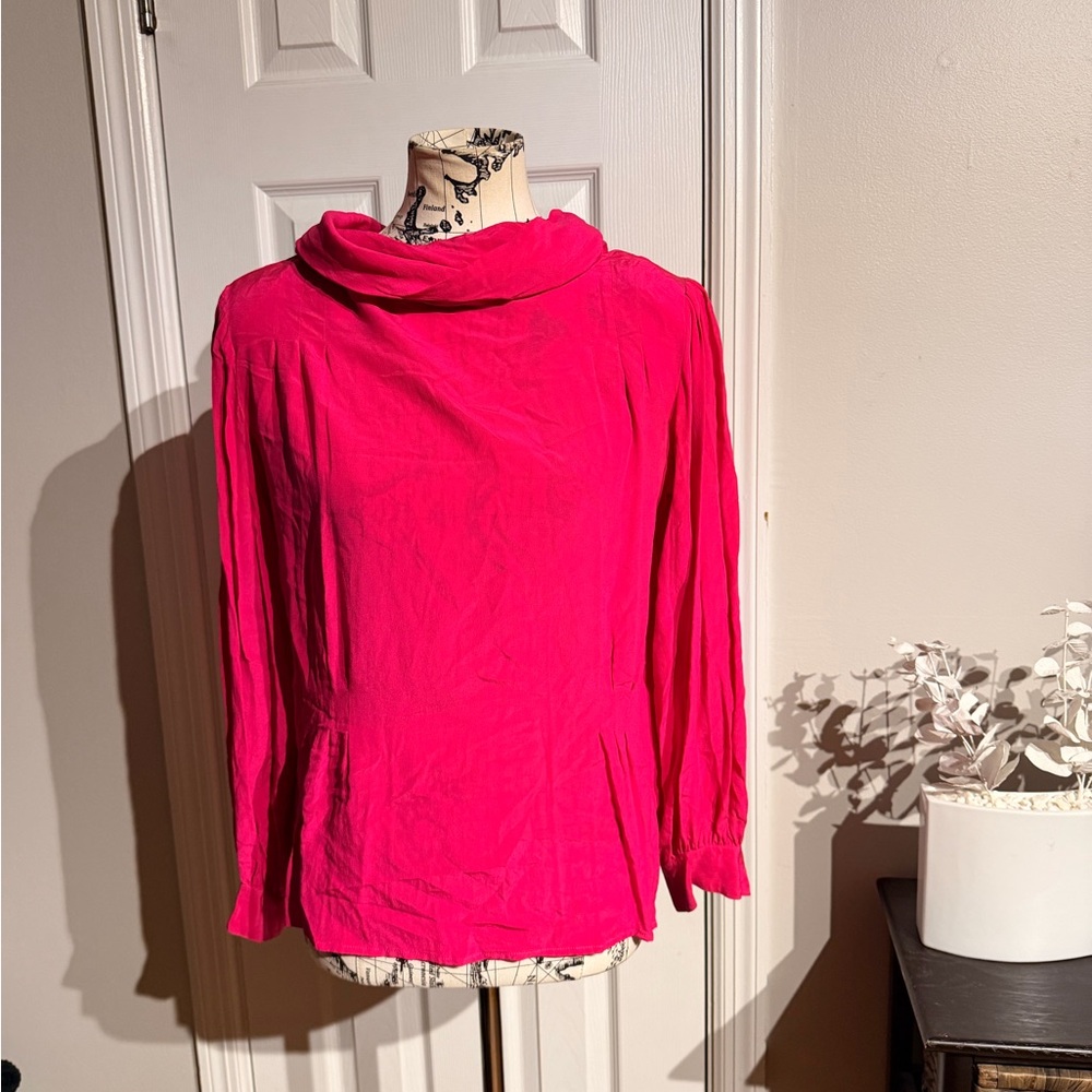 Vintage 100% Silk tie pleated Vibrant Pink Cowl Neck Blouse bright long-sleeve